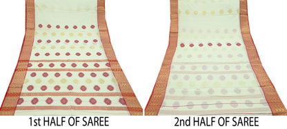 Indian Vintage Sarees Ivory Pure Cotton Hand Woven Sari 5yd Ethnic Floral Craft Fabric Dress making Upcycle Crafting Quilting