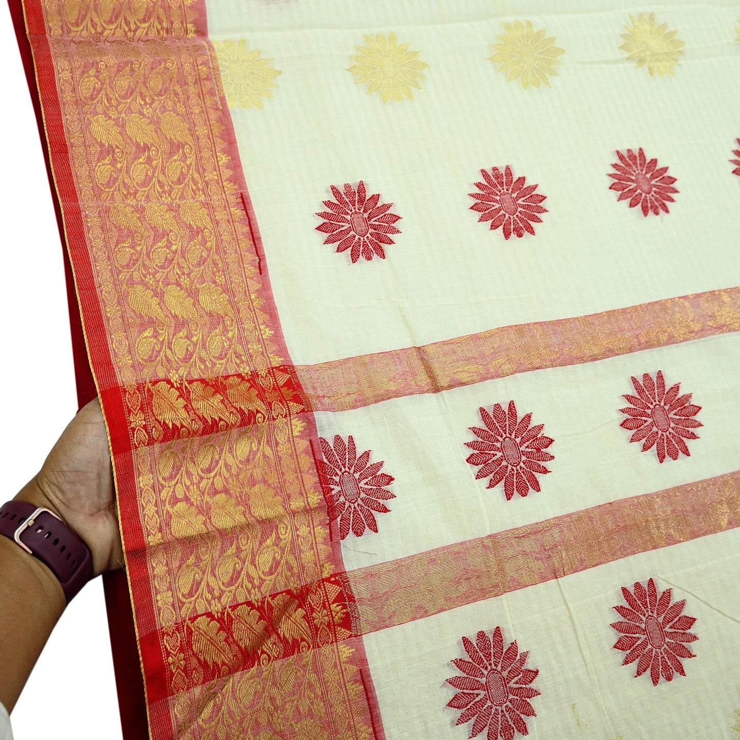 Indian Vintage Sarees Ivory Pure Cotton Hand Woven Sari 5yd Ethnic Floral Craft Fabric Dress making Upcycle Crafting Quilting