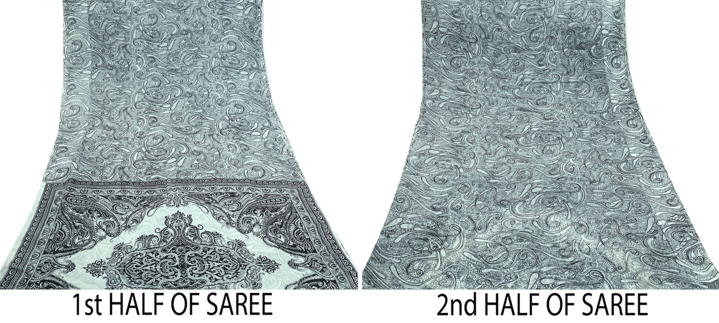 Indian Vintage White & Black Saree Pure Chiffon Silk Printed Sari Craft Fabric Sewing 5Yd Soft Light Sari Dress Making Paisley Quilting