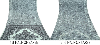 Indian Vintage White & Black Saree Pure Chiffon Silk Printed Sari Craft Fabric Sewing 5Yd Soft Light Sari Dress Making Paisley Quilting
