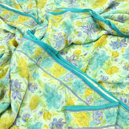 Indian Vintage Sari Ivory Pure Georgette Silk Printed Sarees Craft Fabric Sewing 5Yd Soft Dress Making Crafting Quilting Upcycle