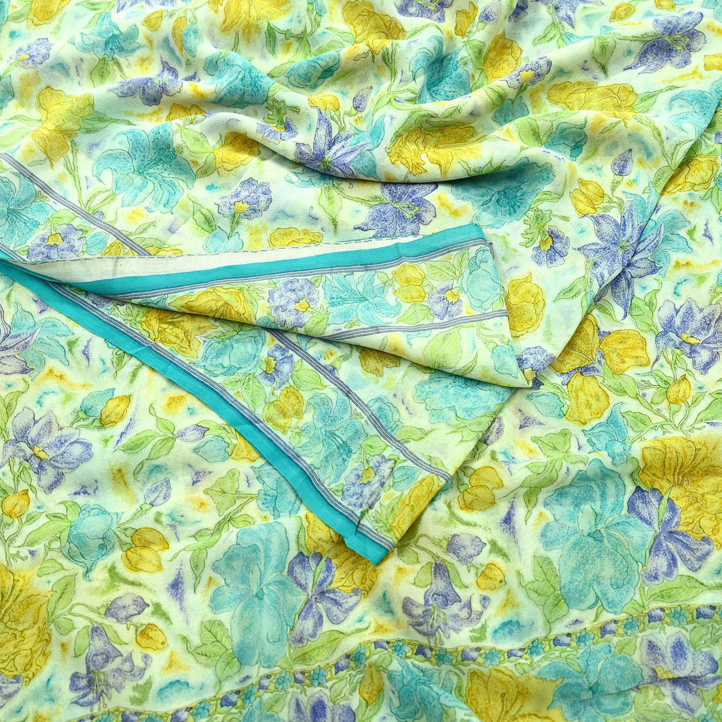 Indian Vintage Sari Ivory Pure Georgette Silk Printed Sarees Craft Fabric Sewing 5Yd Soft Dress Making Crafting Quilting Upcycle