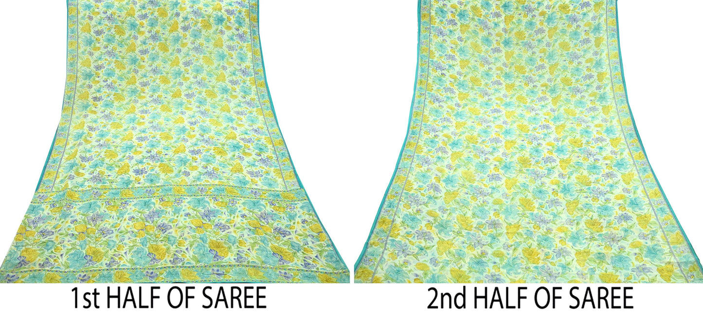 Indian Vintage Sari Ivory Pure Georgette Silk Printed Sarees Craft Fabric Sewing 5Yd Soft Dress Making Crafting Quilting Upcycle