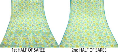 Indian Vintage Sari Ivory Pure Georgette Silk Printed Sarees Craft Fabric Sewing 5Yd Soft Dress Making Crafting Quilting Upcycle