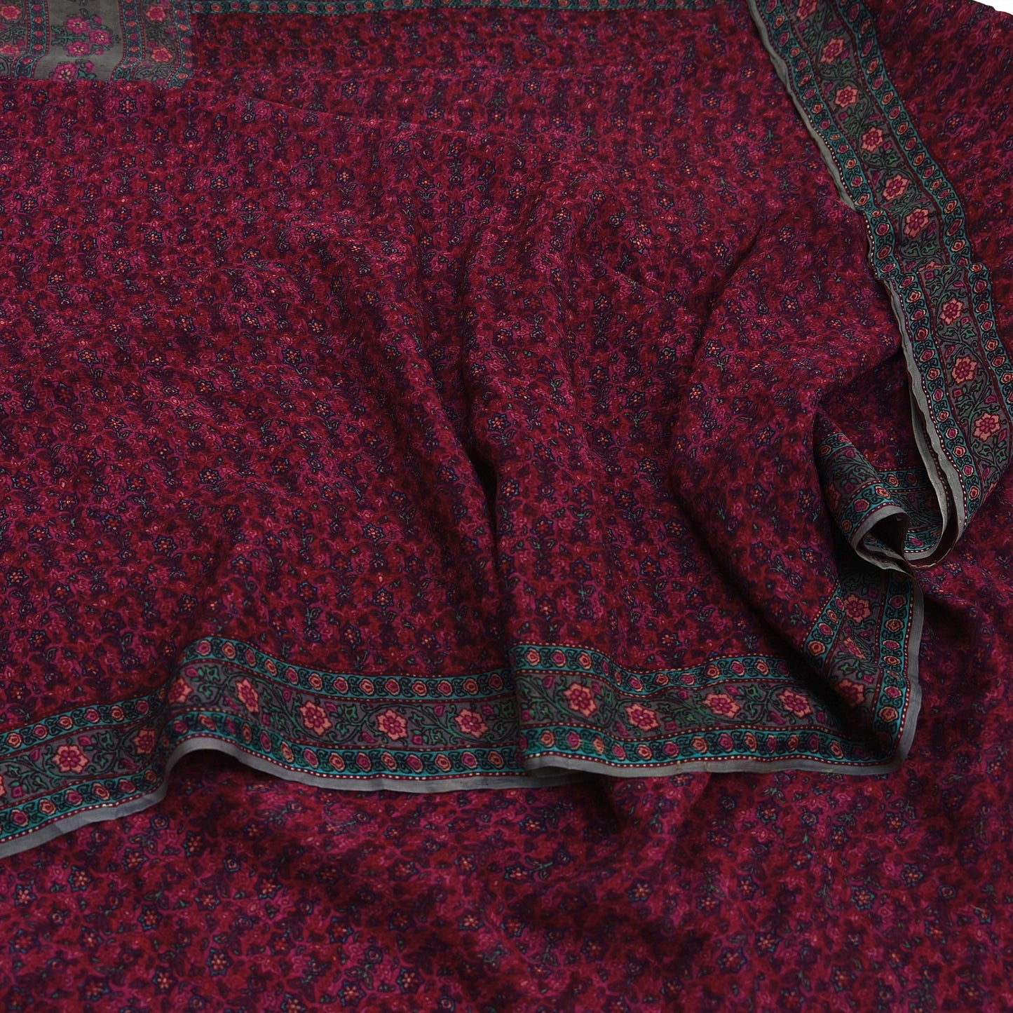 Women Vintage Sari Pink & Brown Pure Chiffon Silk Printed Sarees Craft Fabric Sewing 5Yd Soft Dress Making Crafting Quilting Upcycle Used