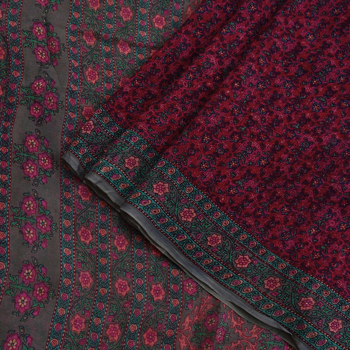 Women Vintage Sari Pink & Brown Pure Chiffon Silk Printed Sarees Craft Fabric Sewing 5Yd Soft Dress Making Crafting Quilting Upcycle Used