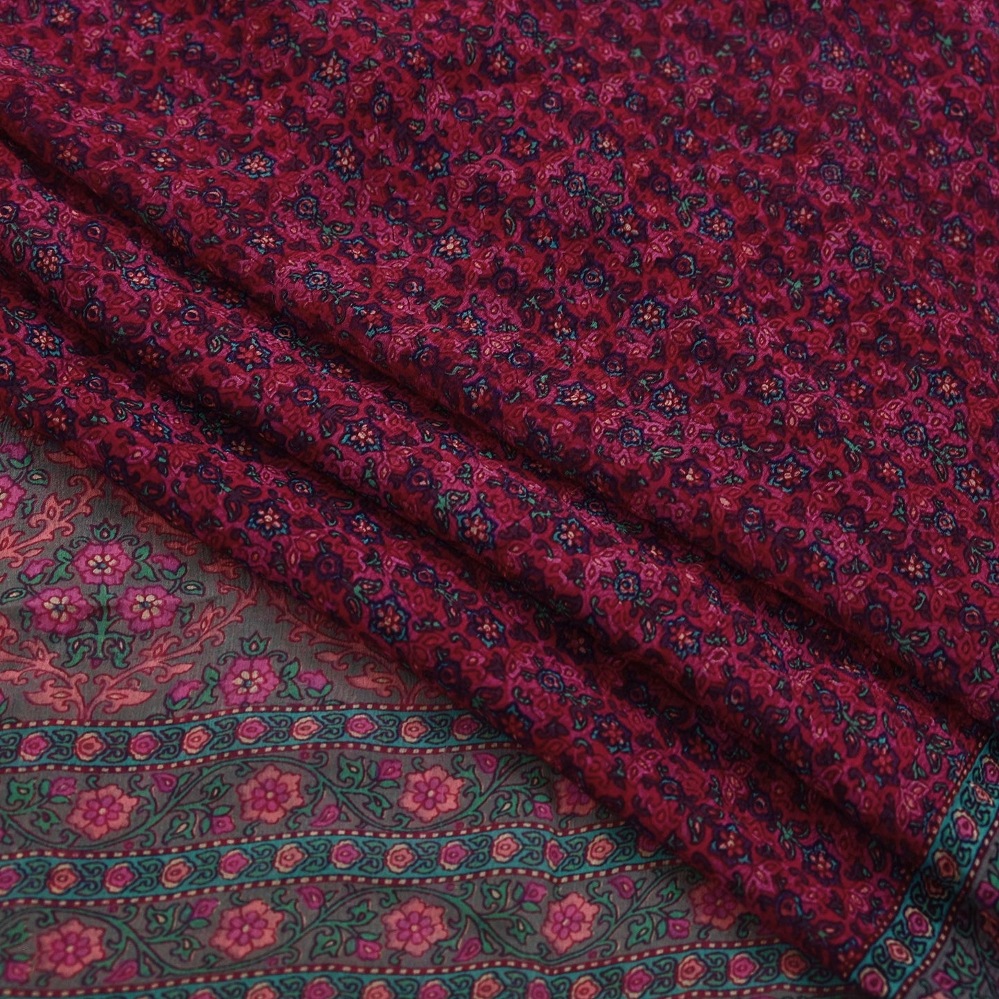 Women Vintage Sari Pink & Brown Pure Chiffon Silk Printed Sarees Craft Fabric Sewing 5Yd Soft Dress Making Crafting Quilting Upcycle Used