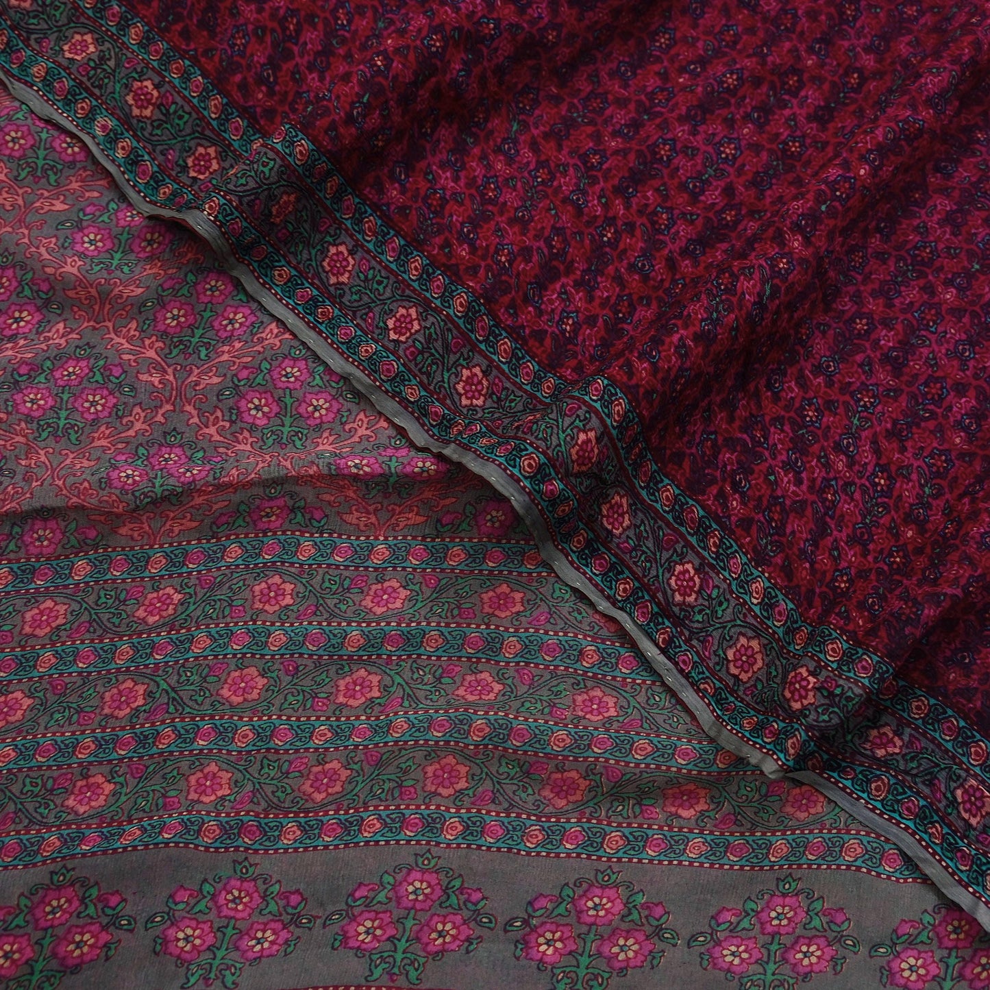 Women Vintage Sari Pink & Brown Pure Chiffon Silk Printed Sarees Craft Fabric Sewing 5Yd Soft Dress Making Crafting Quilting Upcycle Used