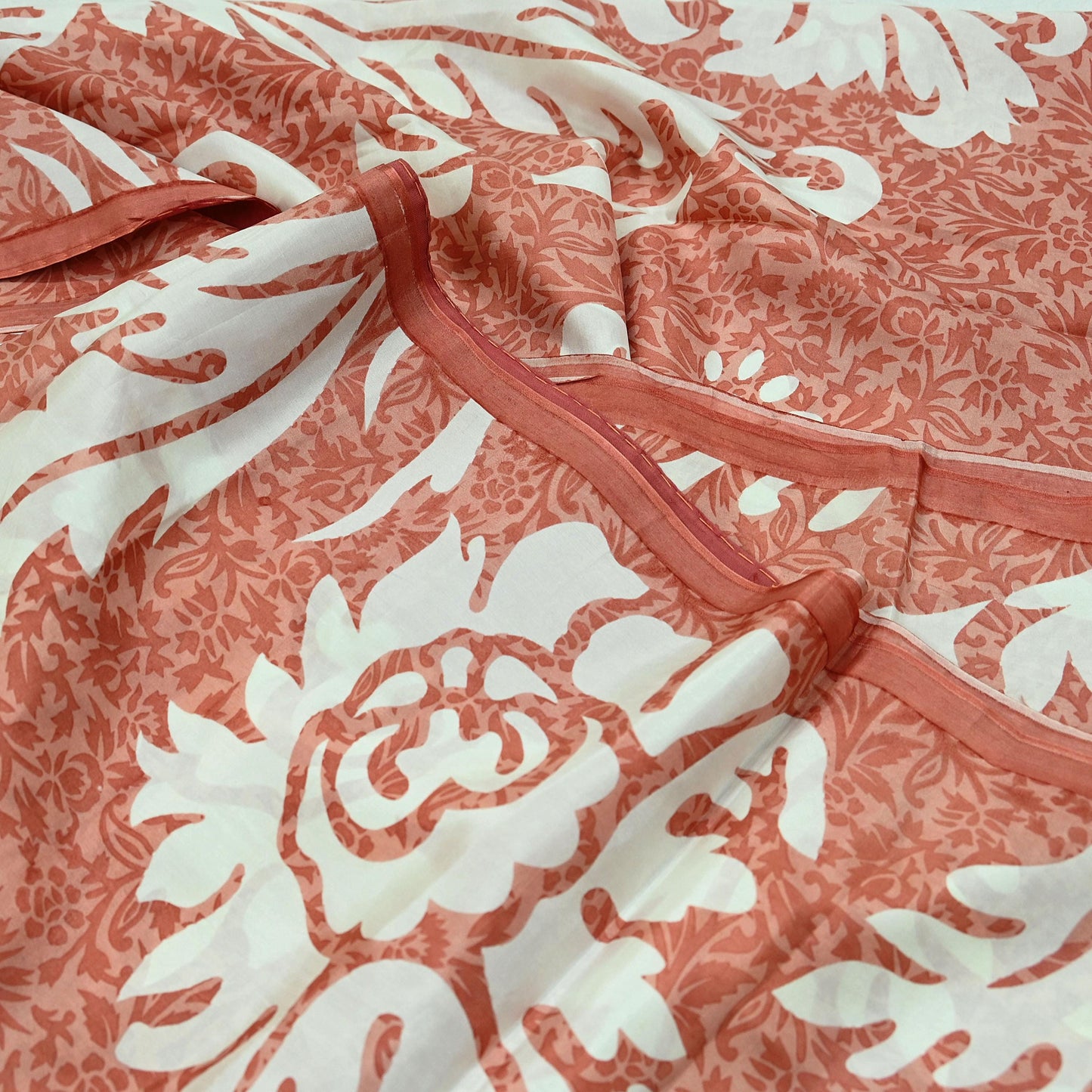 Indian Vintage Saree Peach & White Pure Silk Printed Sari 5yd Craft Fabric Sewing Floral Soft Wrap Sarong Quilting Used
