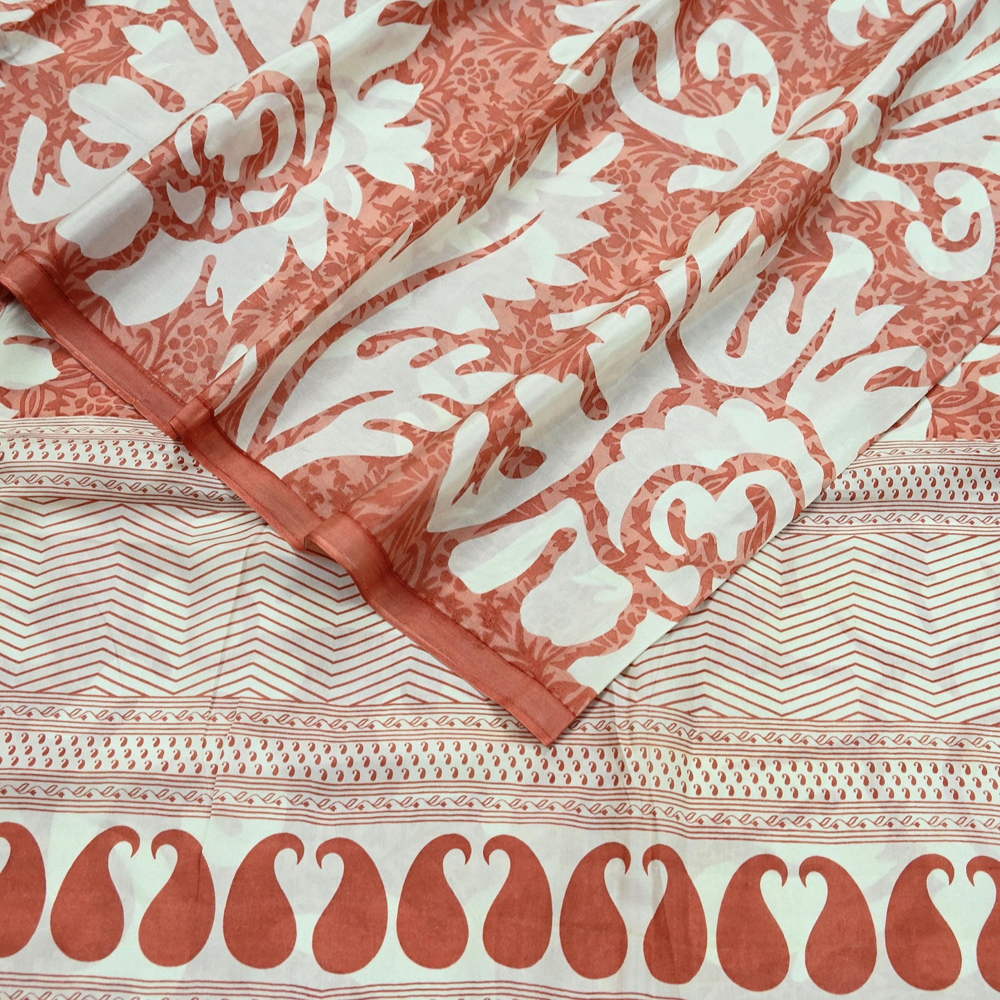 Indian Vintage Saree Peach & White Pure Silk Printed Sari 5yd Craft Fabric Sewing Floral Soft Wrap Sarong Quilting Used