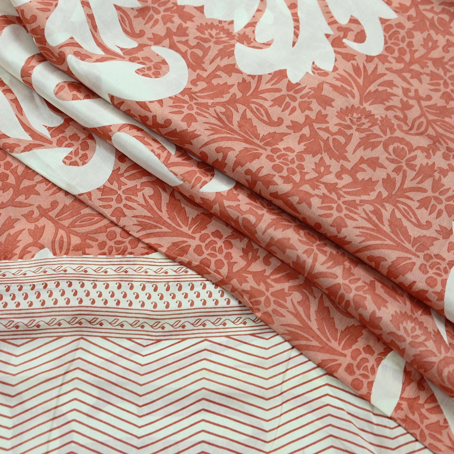 Indian Vintage Saree Peach & White Pure Silk Printed Sari 5yd Craft Fabric Sewing Floral Soft Wrap Sarong Quilting Used