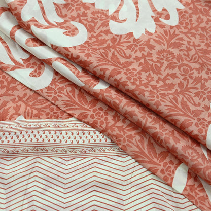 Indian Vintage Saree Peach & White Pure Silk Printed Sari 5yd Craft Fabric Sewing Floral Soft Wrap Sarong Quilting Used