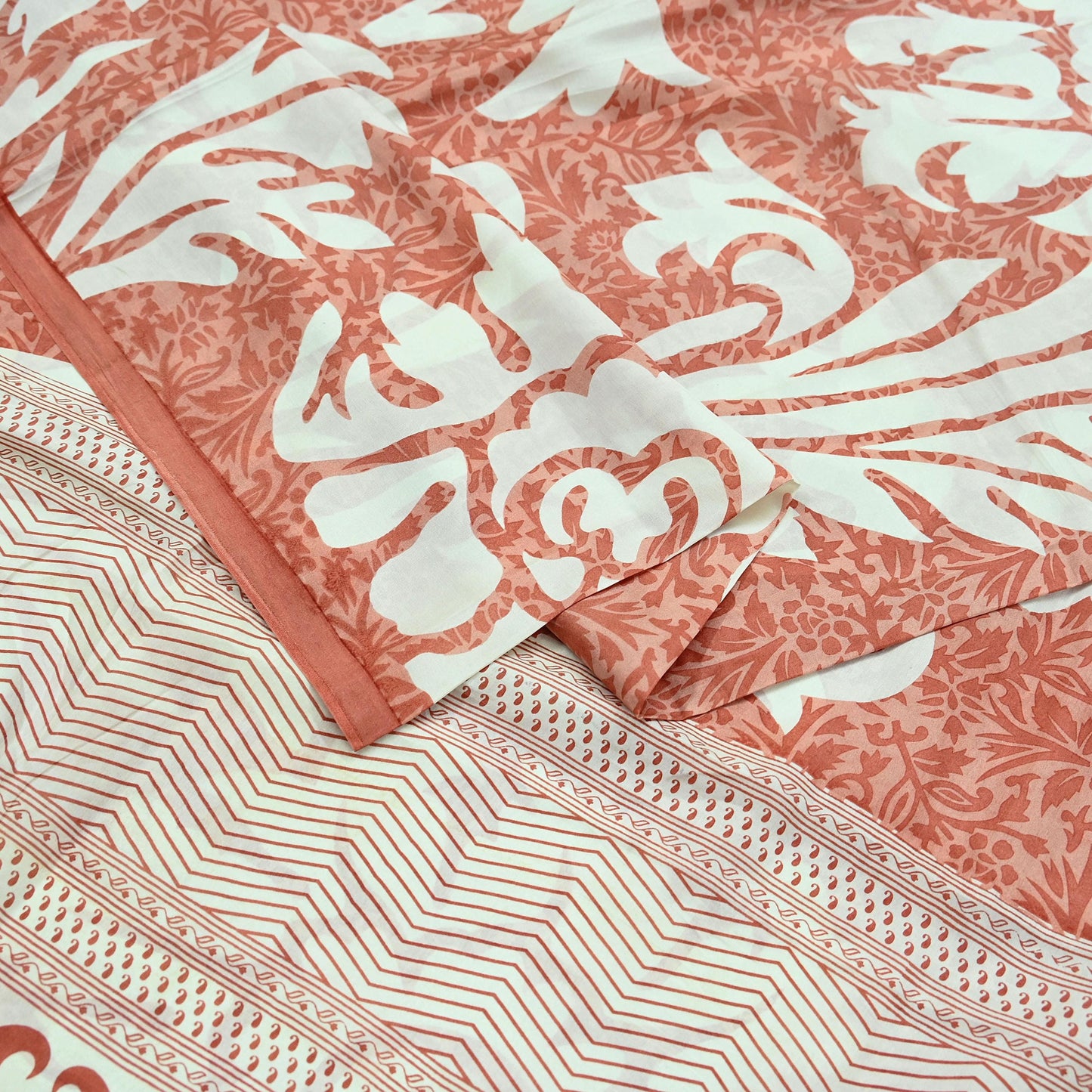 Indian Vintage Saree Peach & White Pure Silk Printed Sari 5yd Craft Fabric Sewing Floral Soft Wrap Sarong Quilting Used