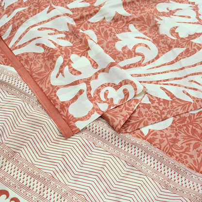 Indian Vintage Saree Peach & White Pure Silk Printed Sari 5yd Craft Fabric Sewing Floral Soft Wrap Sarong Quilting Used