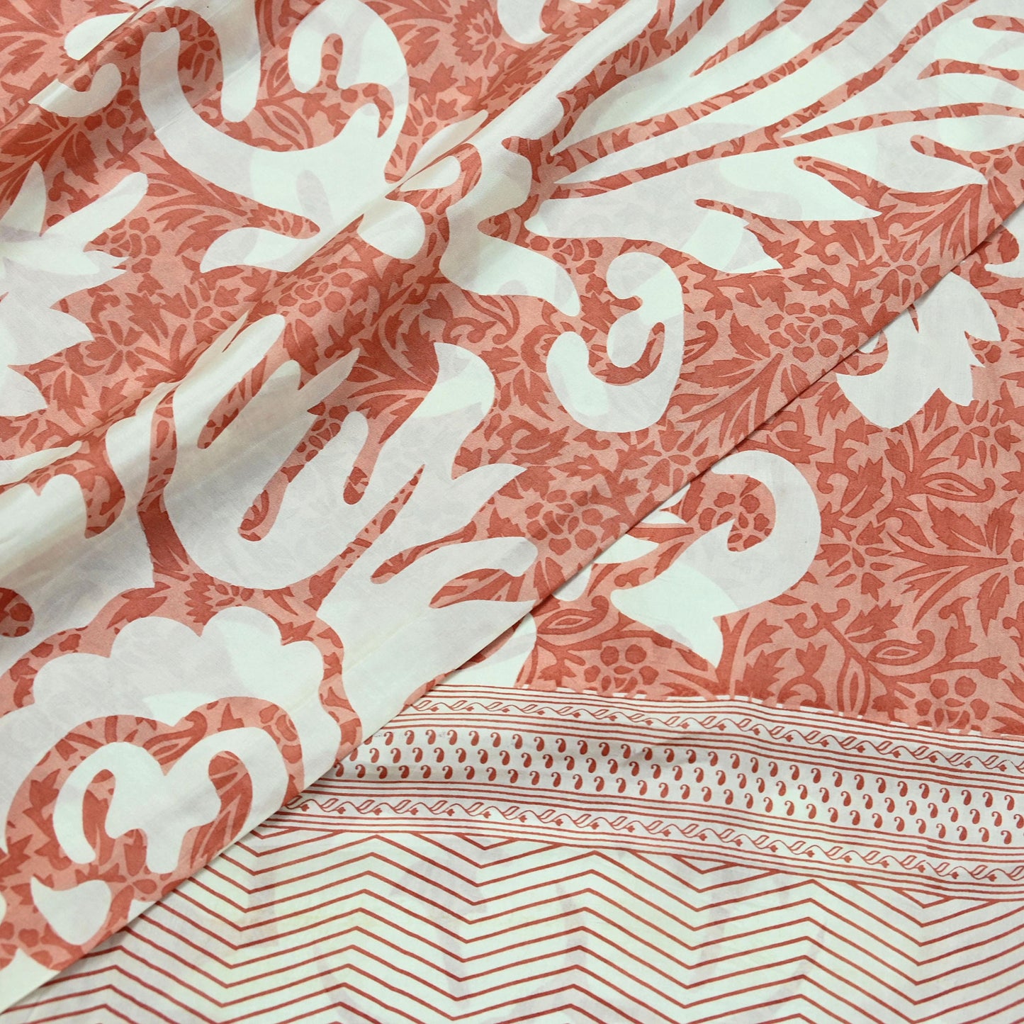 Indian Vintage Saree Peach & White Pure Silk Printed Sari 5yd Craft Fabric Sewing Floral Soft Wrap Sarong Quilting Used