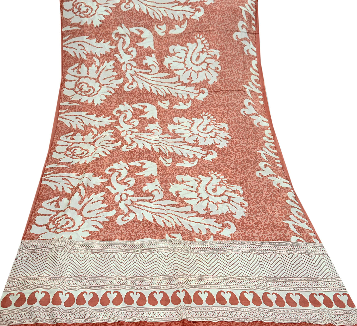 Indian Vintage Saree Peach & White Pure Silk Printed Sari 5yd Craft Fabric Sewing Floral Soft Wrap Sarong Quilting Used