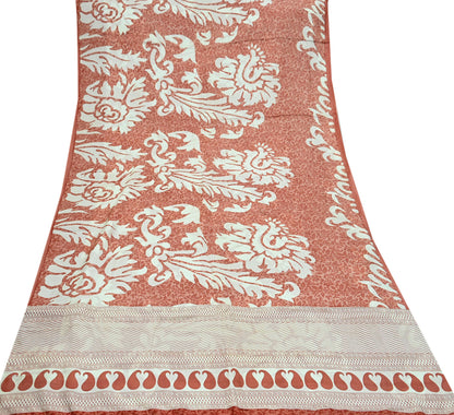 Indian Vintage Saree Peach & White Pure Silk Printed Sari 5yd Craft Fabric Sewing Floral Soft Wrap Sarong Quilting Used