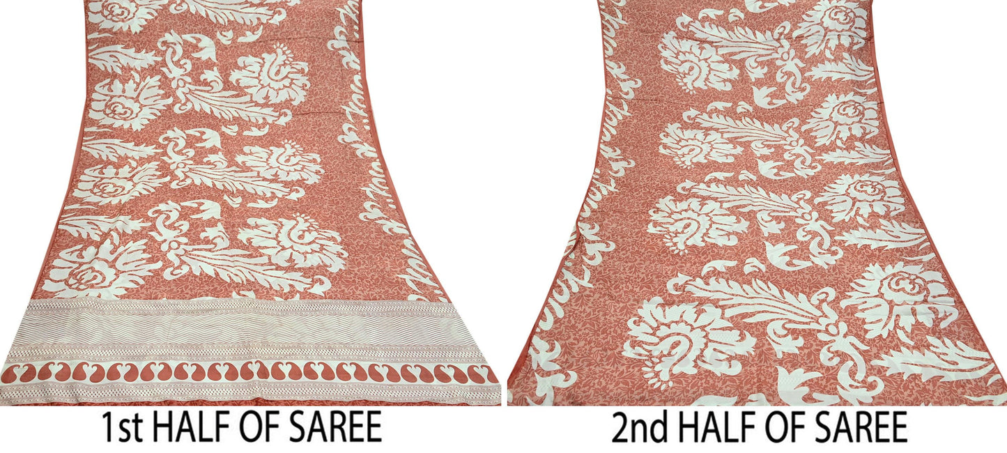 Indian Vintage Saree Peach & White Pure Silk Printed Sari 5yd Craft Fabric Sewing Floral Soft Wrap Sarong Quilting Used