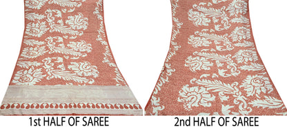 Indian Vintage Saree Peach & White Pure Silk Printed Sari 5yd Craft Fabric Sewing Floral Soft Wrap Sarong Quilting Used