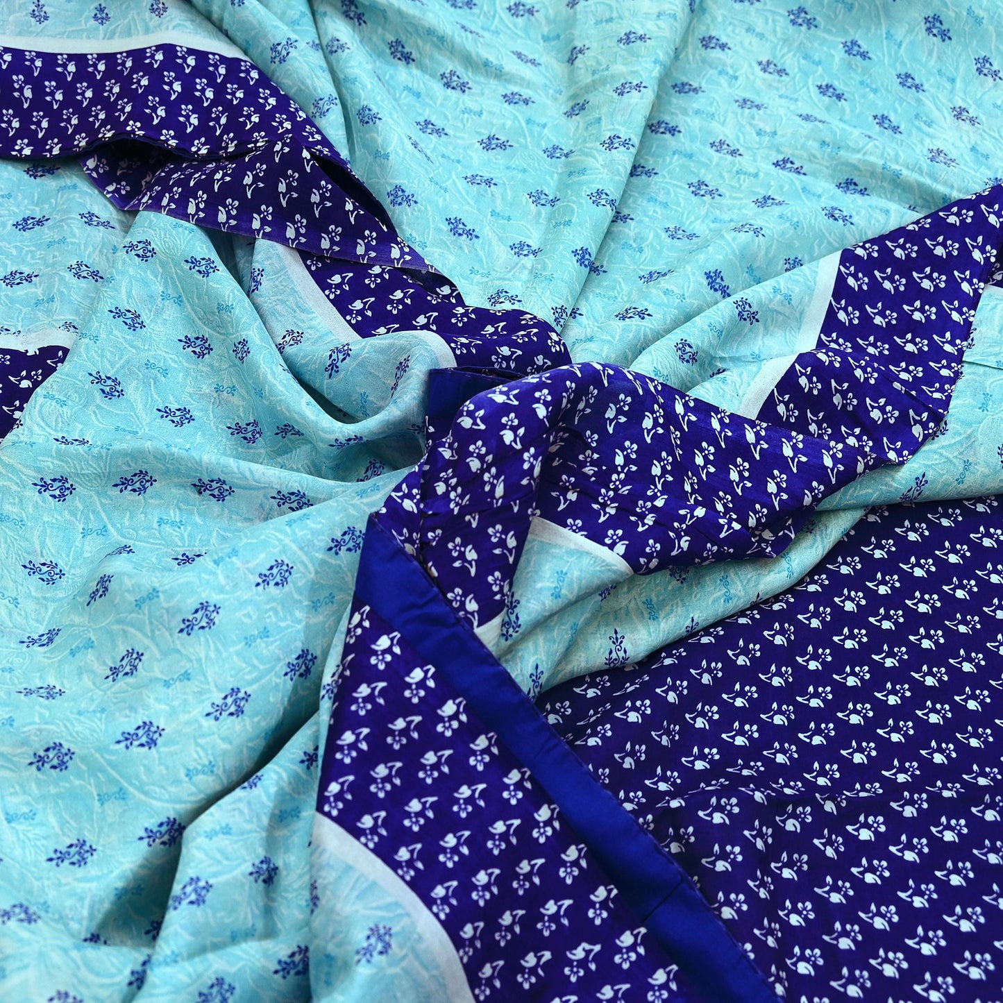 Indian Vintage Sari Blue Pure Silk Printed Sarees 6yd Sewing Craft Fabric Soft Dress Making Wrap Floral Upcycle Quilting Crafting