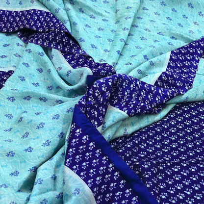 Indian Vintage Sari Blue Pure Silk Printed Sarees 6yd Sewing Craft Fabric Soft Dress Making Wrap Floral Upcycle Quilting Crafting