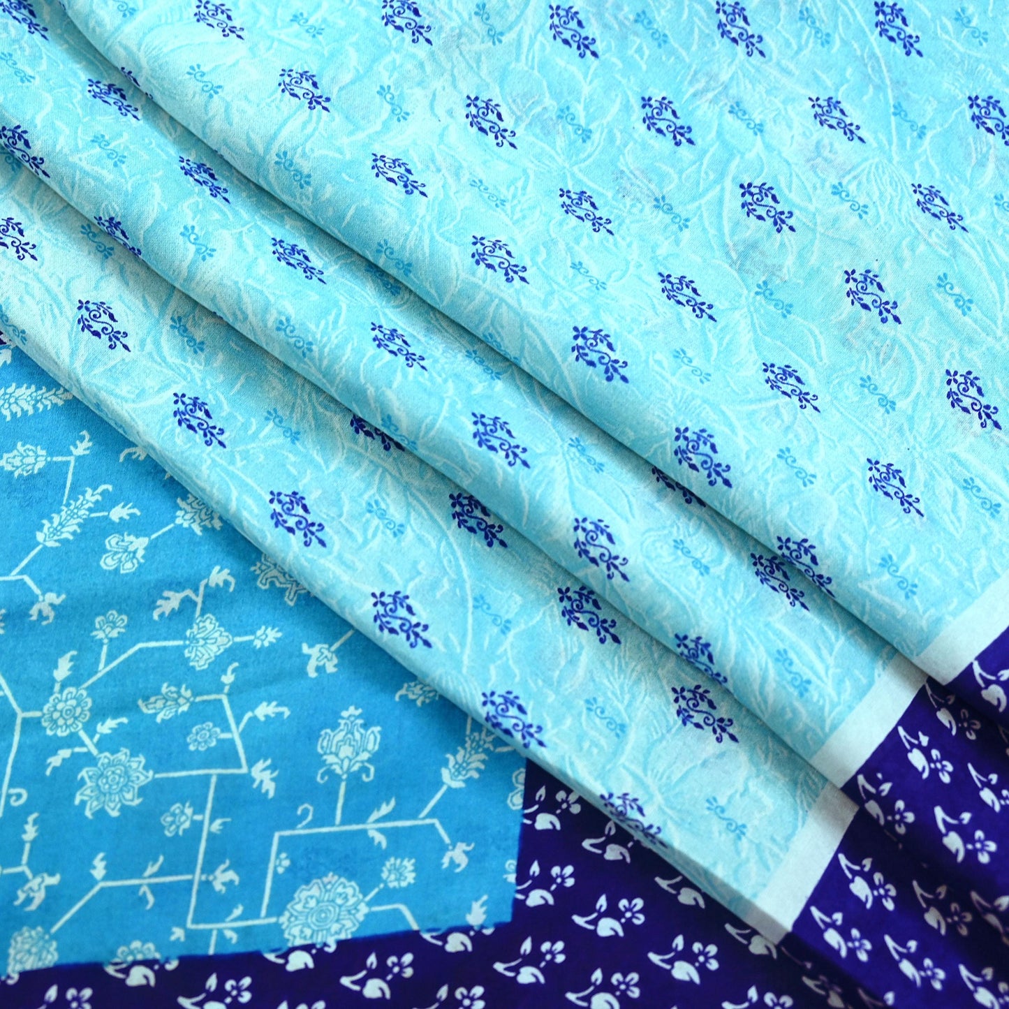 Indian Vintage Sari Blue Pure Silk Printed Sarees 6yd Sewing Craft Fabric Soft Dress Making Wrap Floral Upcycle Quilting Crafting