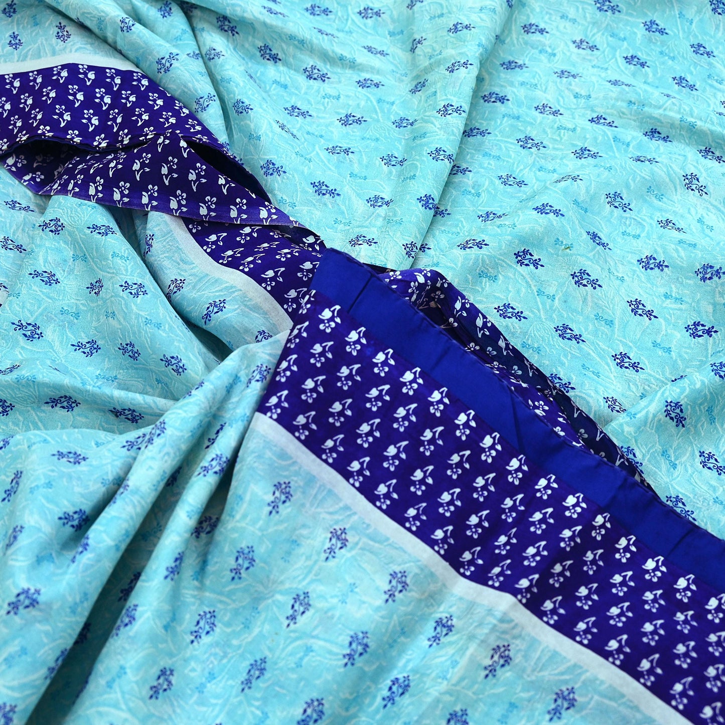 Indian Vintage Sari Blue Pure Silk Printed Sarees 6yd Sewing Craft Fabric Soft Dress Making Wrap Floral Upcycle Quilting Crafting