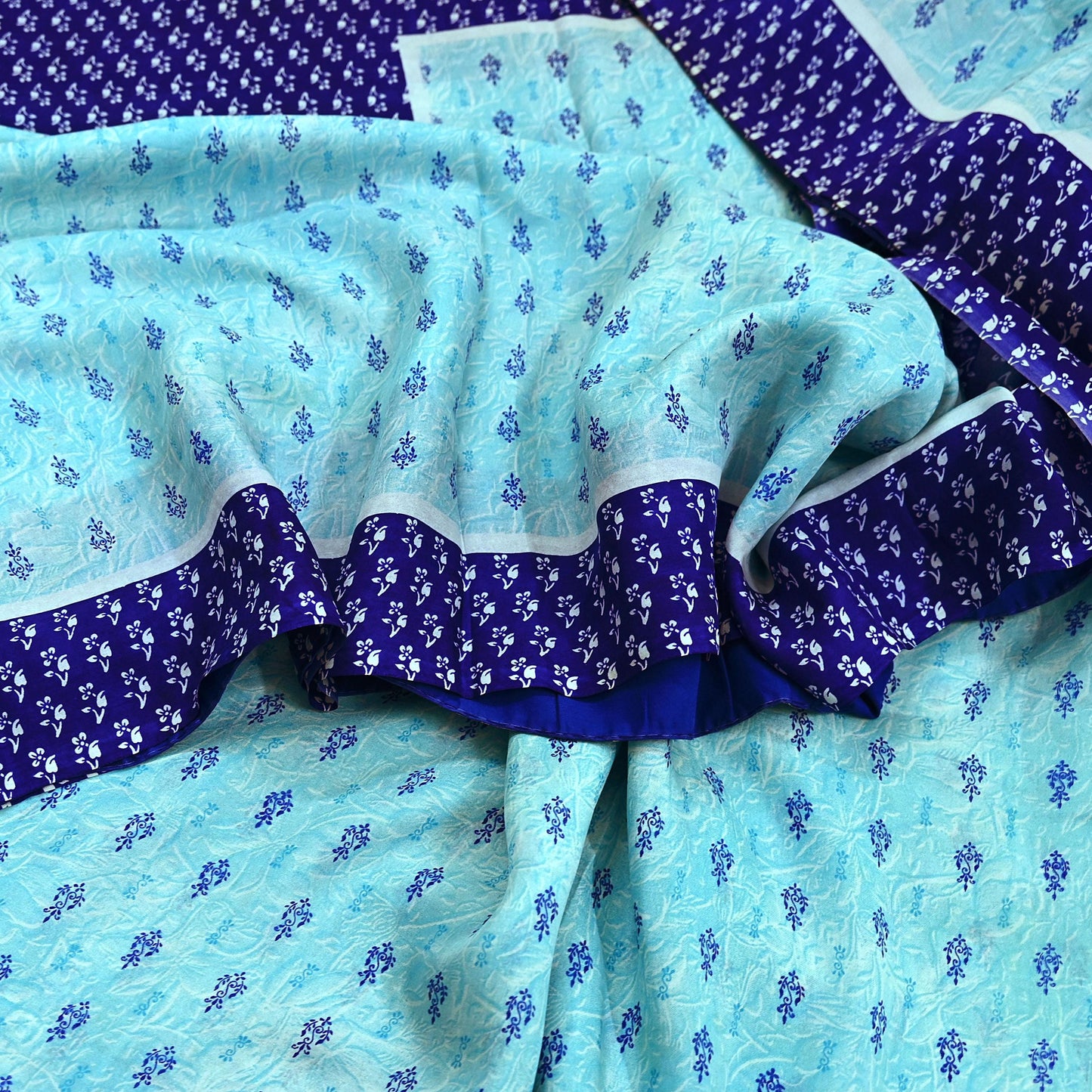 Indian Vintage Sari Blue Pure Silk Printed Sarees 6yd Sewing Craft Fabric Soft Dress Making Wrap Floral Upcycle Quilting Crafting