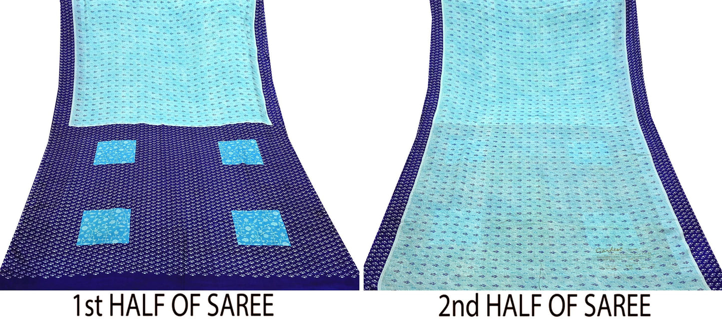 Indian Vintage Sari Blue Pure Silk Printed Sarees 6yd Sewing Craft Fabric Soft Dress Making Wrap Floral Upcycle Quilting Crafting