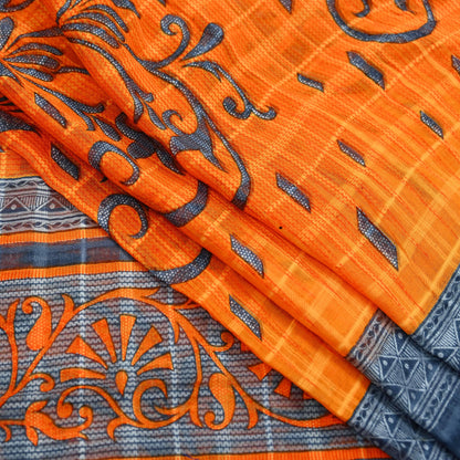 Indian Vintage Sari Gray & Orange Printed Pure Cotton Saree Craft Fabric Soft Floral 5Yd Sarong Wrap Boho Kimono Soft Dress making Quilting