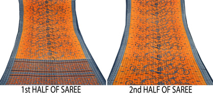 Indian Vintage Sari Gray & Orange Printed Pure Cotton Saree Craft Fabric Soft Floral 5Yd Sarong Wrap Boho Kimono Soft Dress making Quilting