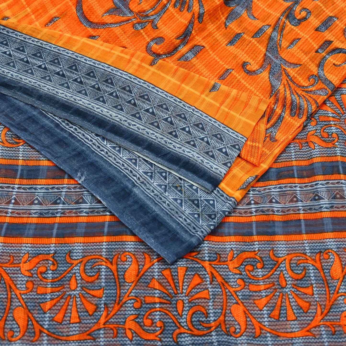 Indian Vintage Sari Gray & Orange Printed Pure Cotton Saree Craft Fabric Soft Floral 5Yd Sarong Wrap Boho Kimono Soft Dress making Quilting