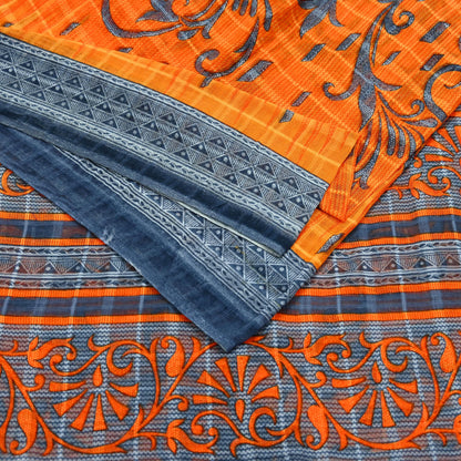 Indian Vintage Sari Gray & Orange Printed Pure Cotton Saree Craft Fabric Soft Floral 5Yd Sarong Wrap Boho Kimono Soft Dress making Quilting