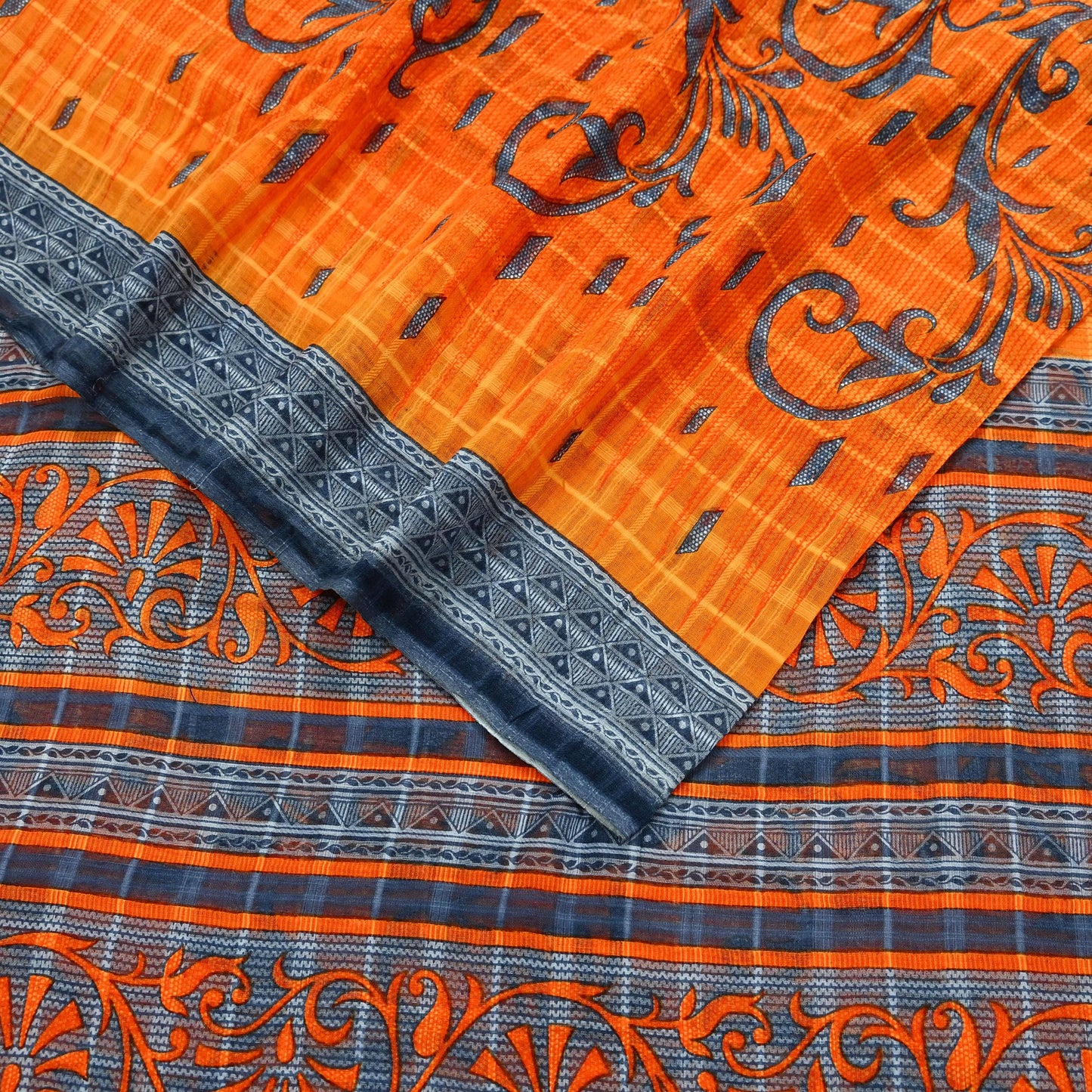Indian Vintage Sari Gray & Orange Printed Pure Cotton Saree Craft Fabric Soft Floral 5Yd Sarong Wrap Boho Kimono Soft Dress making Quilting