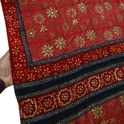 Indian Vintage Sari Red Pure Crepe Silk Hand Embroidered Sarees 5yd Sewing Craft Fabric Dress Making Floral Sequins Upcycle Quilting