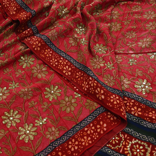Indian Vintage Sari Red Pure Crepe Silk Hand Embroidered Sarees 5yd Sewing Craft Fabric Dress Making Floral Sequins Upcycle Quilting
