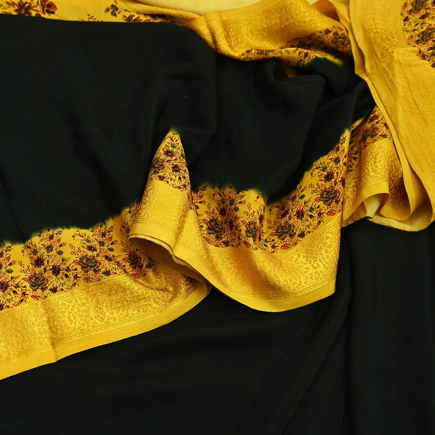 Indian Vintage Saree Yellow Pure Crepe Silk Printed Sari Fabric 5yd Sewing Floral Soft Craft Fabric Wrap Dress making Quilting Upcycle