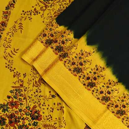 Indian Vintage Saree Yellow Pure Crepe Silk Printed Sari Fabric 5yd Sewing Floral Soft Craft Fabric Wrap Dress making Quilting Upcycle