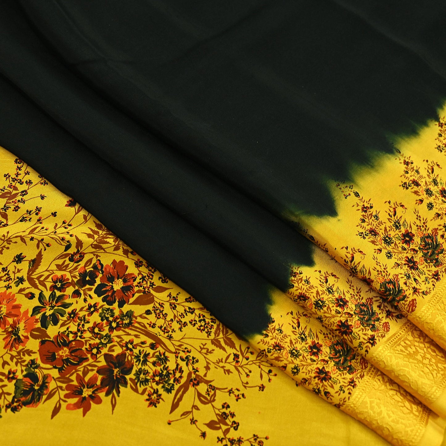 Indian Vintage Saree Yellow Pure Crepe Silk Printed Sari Fabric 5yd Sewing Floral Soft Craft Fabric Wrap Dress making Quilting Upcycle