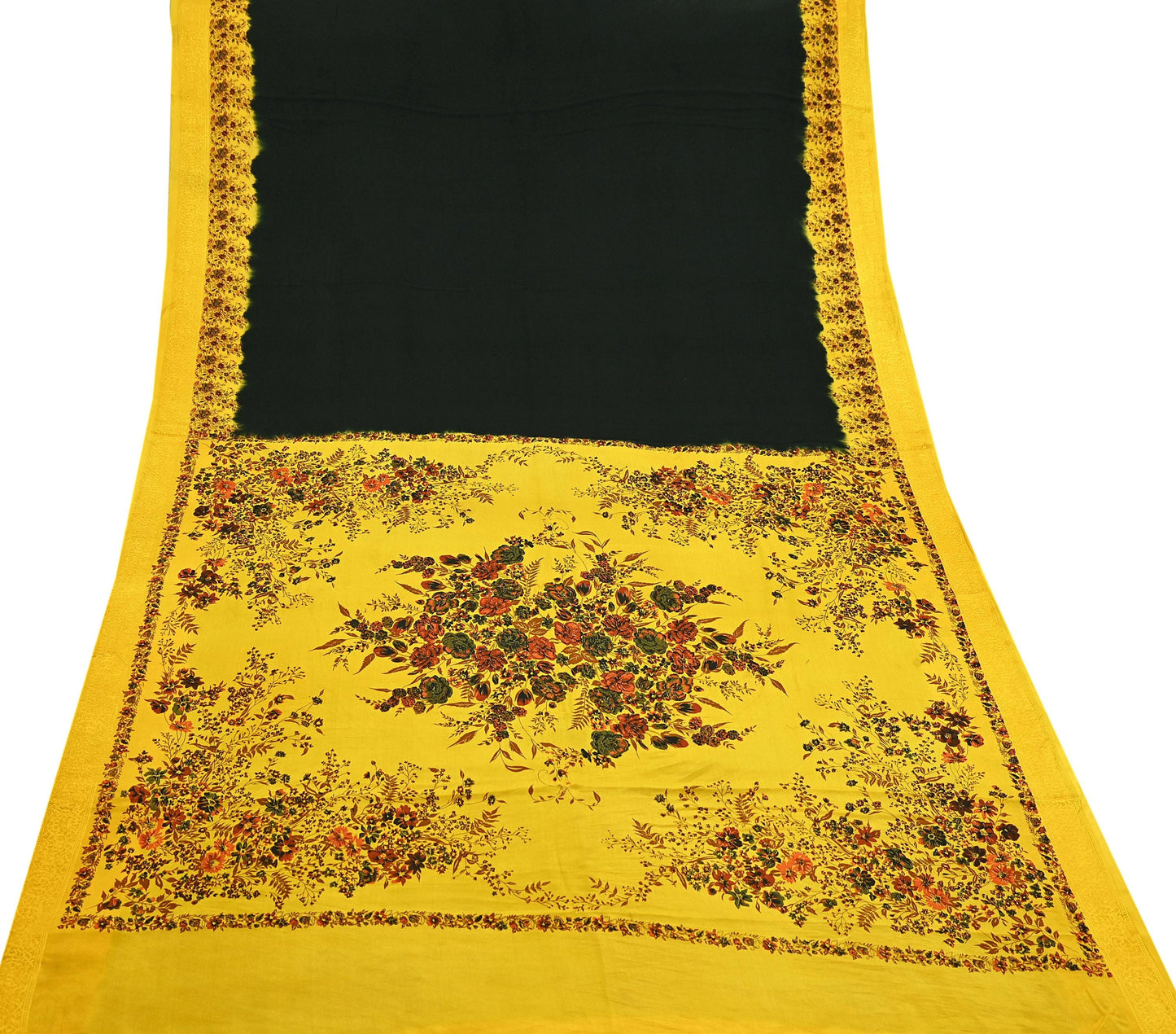 Indian Vintage Saree Yellow Pure Crepe Silk Printed Sari Fabric 5yd Sewing Floral Soft Craft Fabric Wrap Dress making Quilting Upcycle