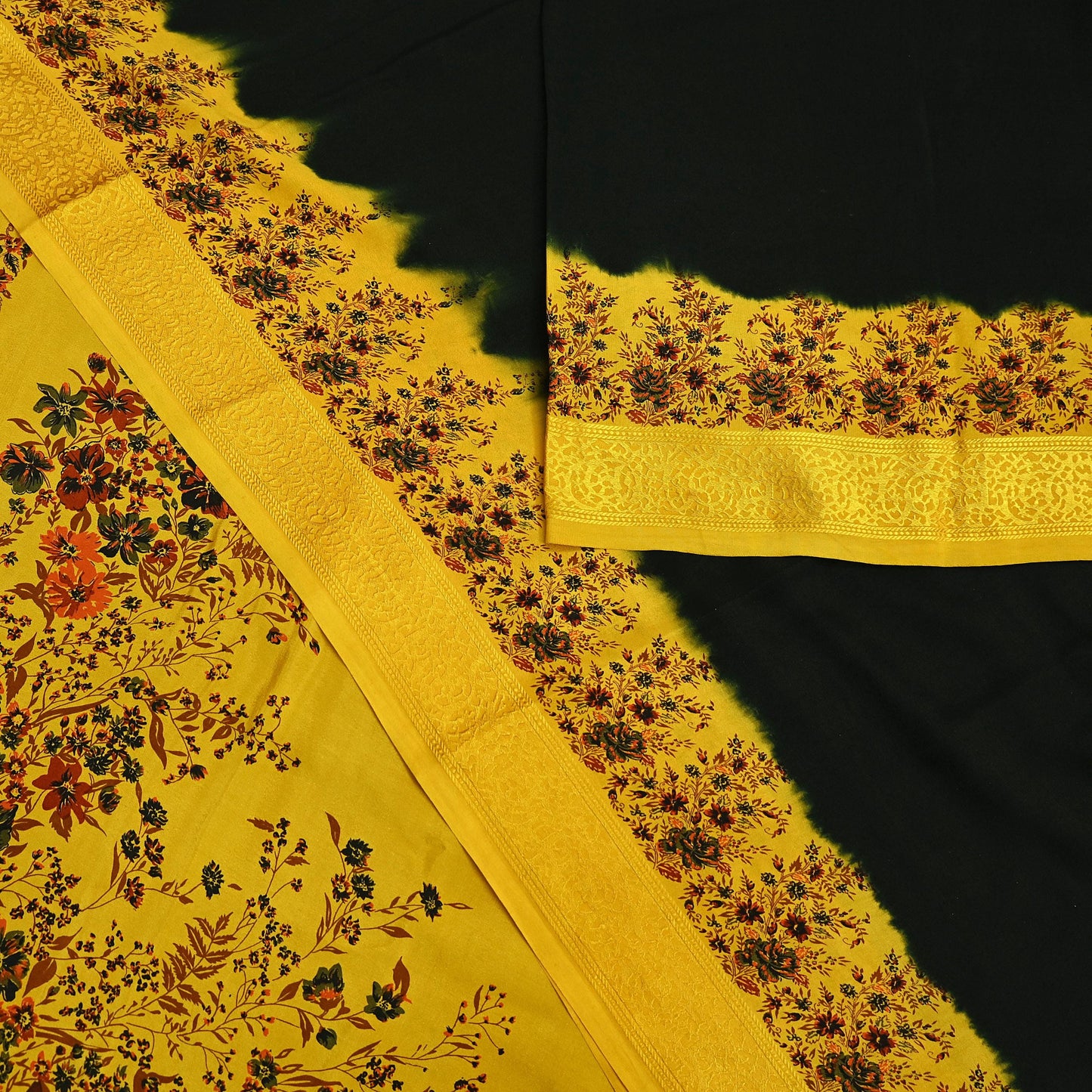 Indian Vintage Saree Yellow Pure Crepe Silk Printed Sari Fabric 5yd Sewing Floral Soft Craft Fabric Wrap Dress making Quilting Upcycle