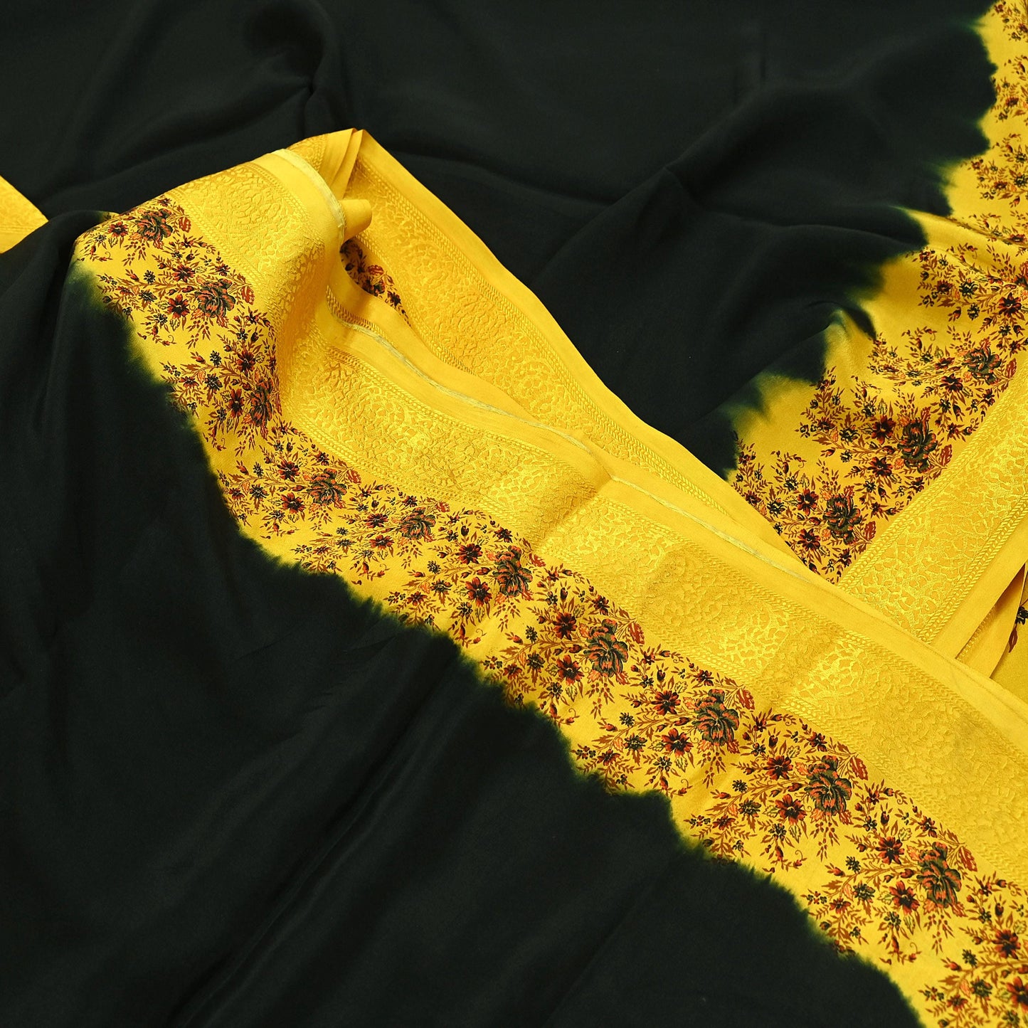 Indian Vintage Saree Yellow Pure Crepe Silk Printed Sari Fabric 5yd Sewing Floral Soft Craft Fabric Wrap Dress making Quilting Upcycle