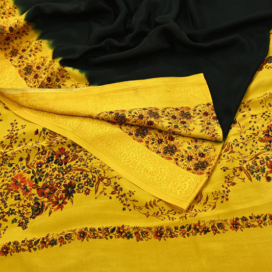 Indian Vintage Saree Yellow Pure Crepe Silk Printed Sari Fabric 5yd Sewing Floral Soft Craft Fabric Wrap Dress making Quilting Upcycle