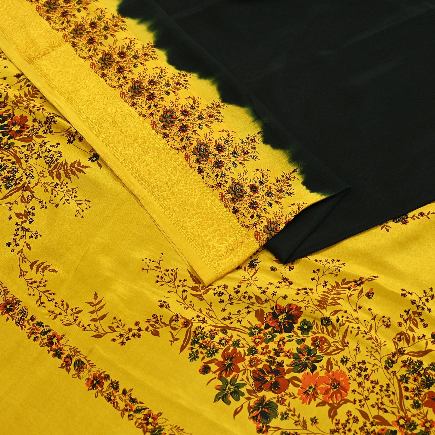 Indian Vintage Saree Yellow Pure Crepe Silk Printed Sari Fabric 5yd Sewing Floral Soft Craft Fabric Wrap Dress making Quilting Upcycle