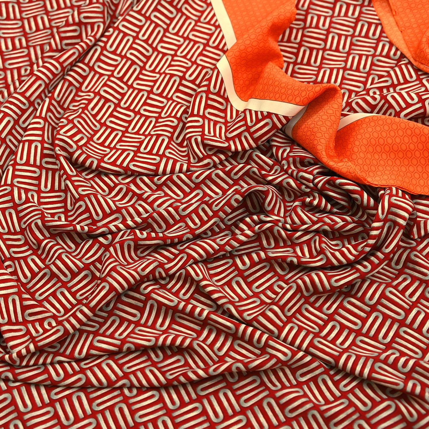 Indian Vintage Sari Orange & Red Moss Crepe Printed Sarees 6yd Craft Fabric Sewing Floral Soft Dressmaking Quilting Crafting Upcycle Used