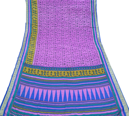 Indian Vintage Saree Pink & Blue Moss Crepe Warli Printed Sari 5yd Sewing Soft Craft Fabric Dressmaking For Crafting Quilting Upcycle