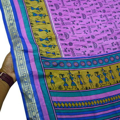 Indian Vintage Saree Pink & Blue Moss Crepe Warli Printed Sari 5yd Sewing Soft Craft Fabric Dressmaking For Crafting Quilting Upcycle