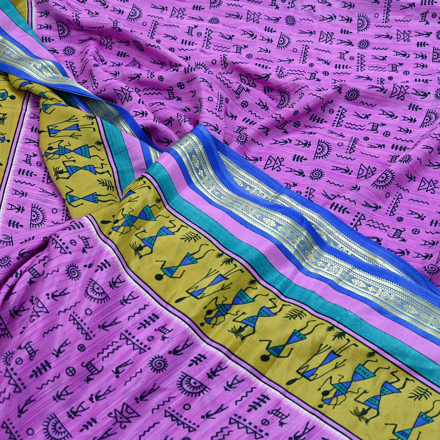 Indian Vintage Saree Pink & Blue Moss Crepe Warli Printed Sari 5yd Sewing Soft Craft Fabric Dressmaking For Crafting Quilting Upcycle