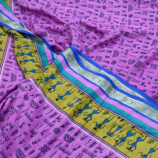 Indian Vintage Saree Pink & Blue Moss Crepe Warli Printed Sari 5yd Sewing Soft Craft Fabric Dressmaking For Crafting Quilting Upcycle