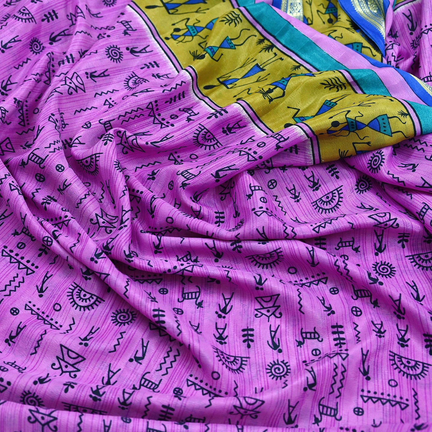 Indian Vintage Saree Pink & Blue Moss Crepe Warli Printed Sari 5yd Sewing Soft Craft Fabric Dressmaking For Crafting Quilting Upcycle